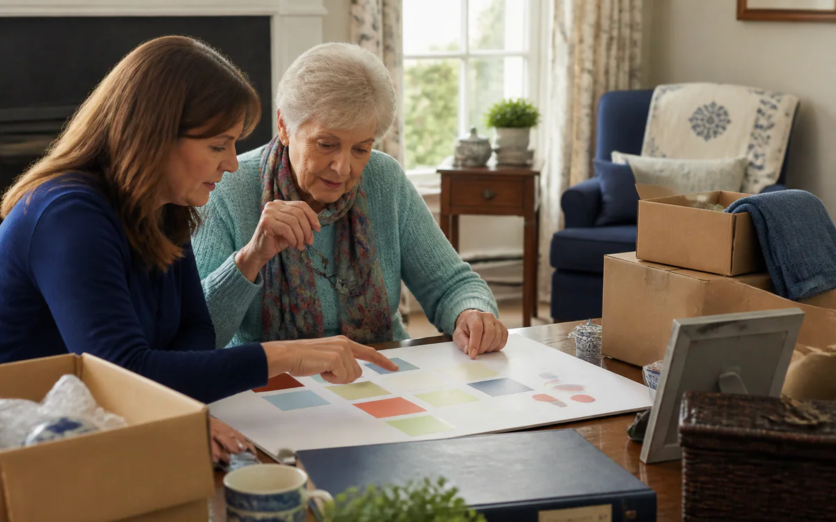 Labeled moving boxes beside a household checklist for a Charleston, SC guide answering "Are senior move managers worth it"