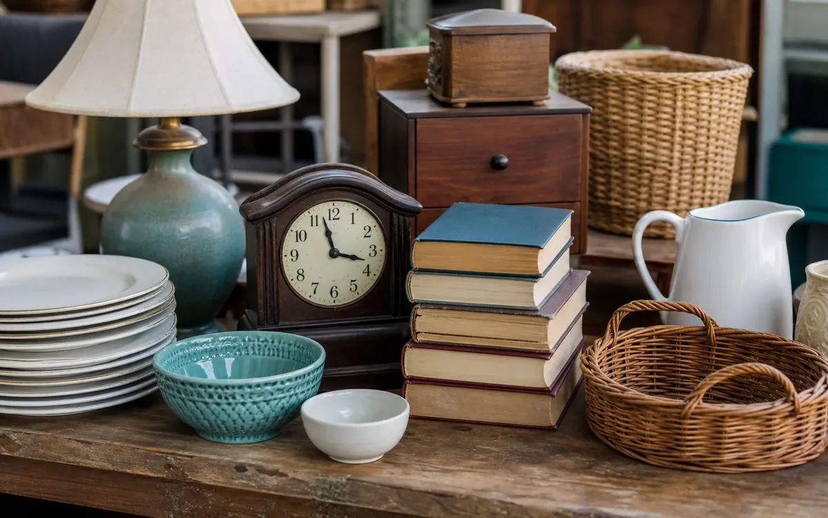 Plates, bowls, stacked books, wicker baskets, a lamp, a mantel clock, and ceramic pitchers arranged on a wooden table.