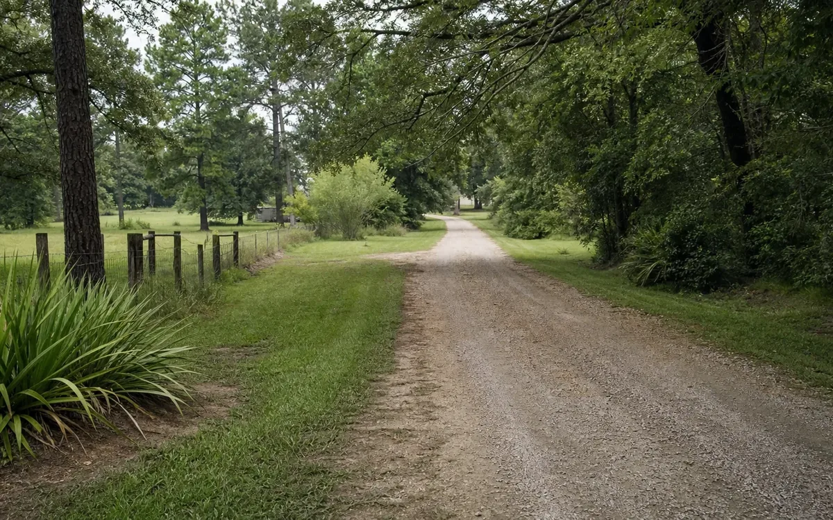 A narrow gravel road curves through trees, with a fenced grassy pasture on the left and dense greenery on the right.