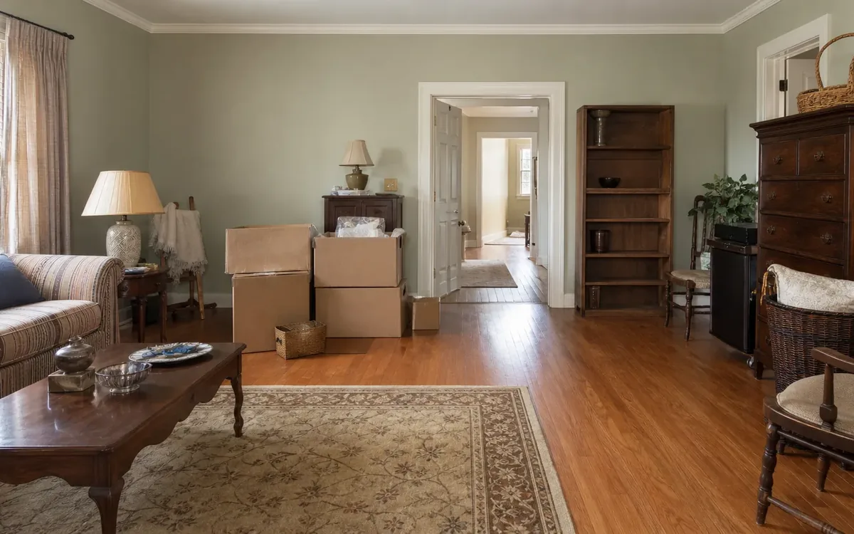 Cardboard boxes sit among wooden furniture in a living room, with an open doorway and a clear path across the floor.