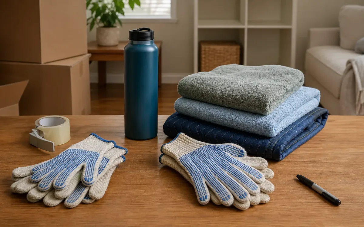 Work gloves, folded blankets, packing tape, a bottle, and a marker sit on a table beside moving boxes.