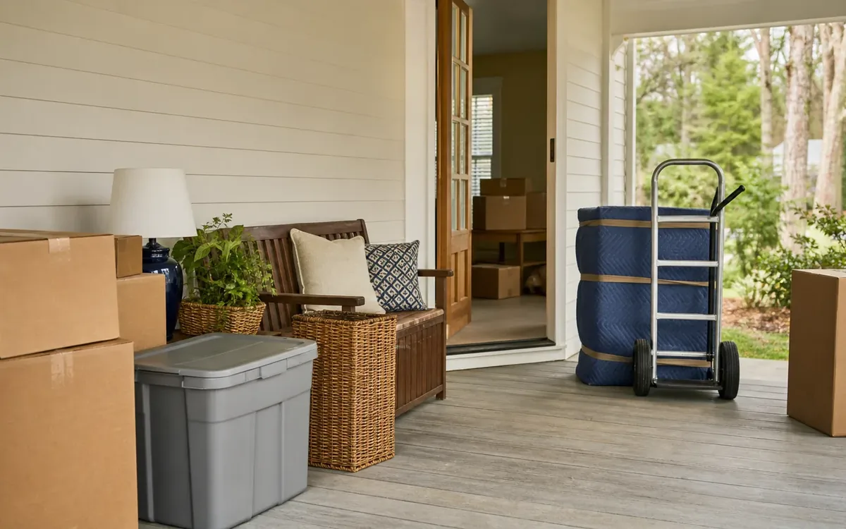 Packed boxes, storage bins, wrapped furniture, and a hand truck arranged on a home's front porch.