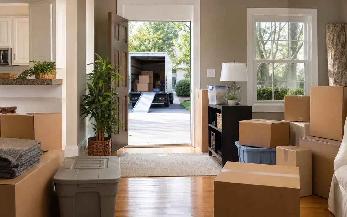 Packed boxes and storage bins fill a living room beside an open door, with a moving truck parked outside.