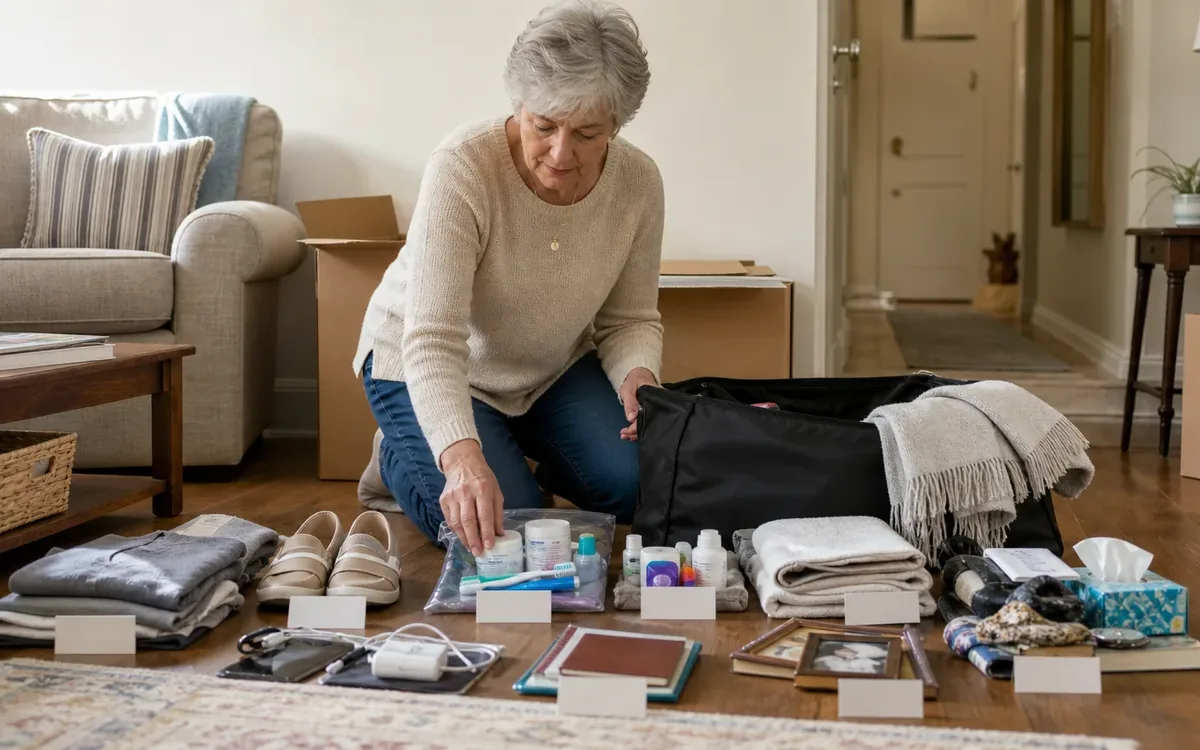 Labeled household belongings and a clear room path for what belongs in the first-day bag?