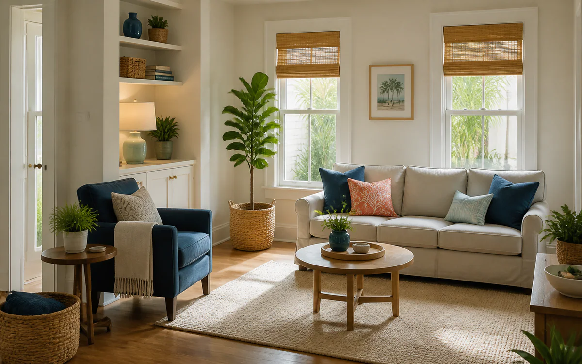 An organized living room with carefully sorted belongings for a Charleston, SC guide answering "At what age should seniors downsize"