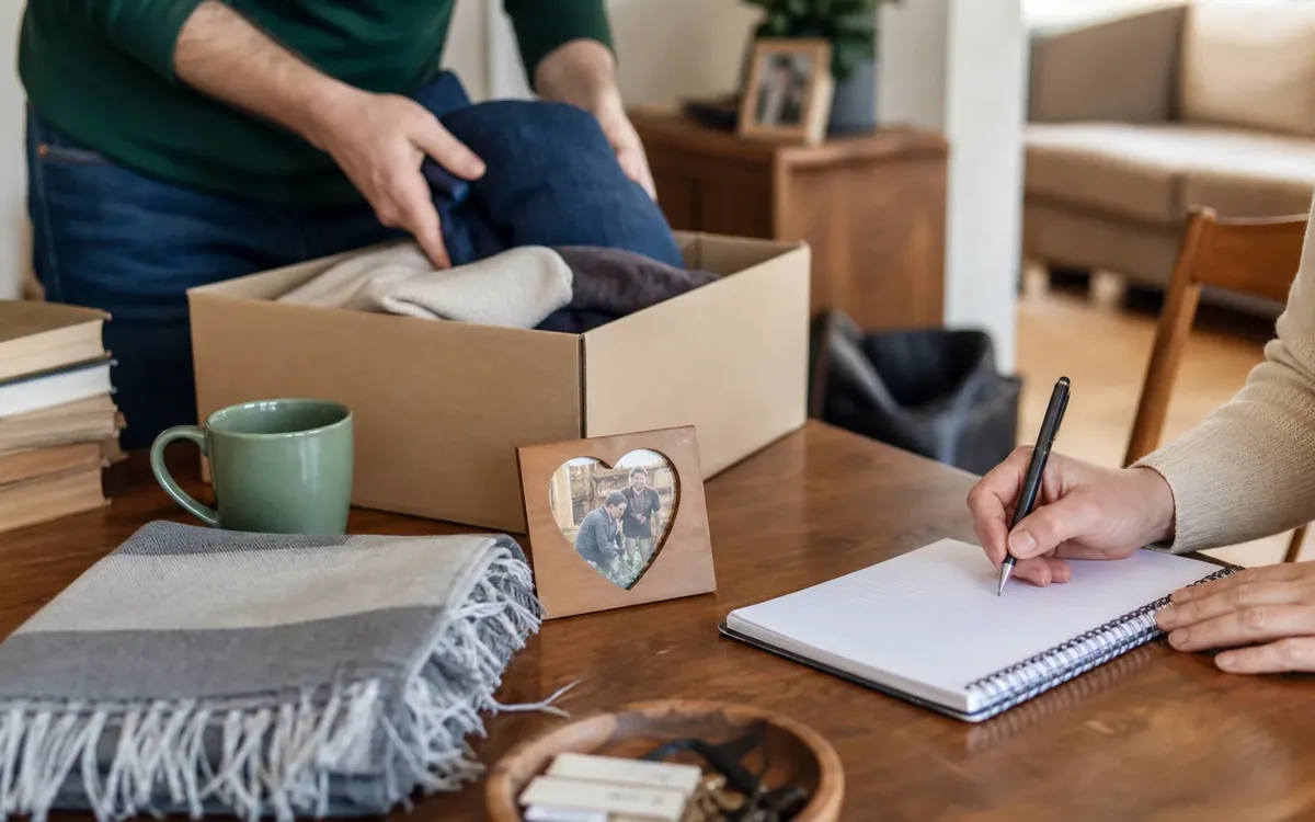 Hands organizing household items while planning build the reset around destinations, not rooms