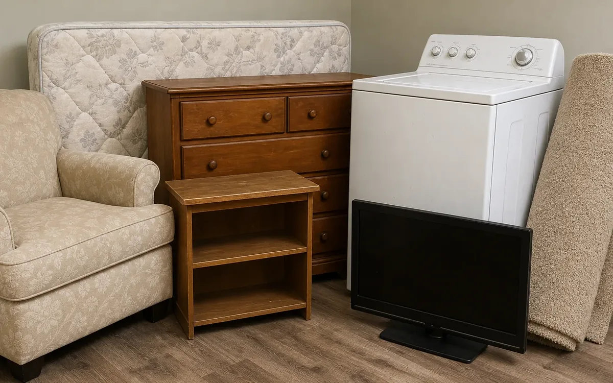 Armchair, mattress, dresser, shelf, washing machine, television, and rolled carpet grouped indoors.
