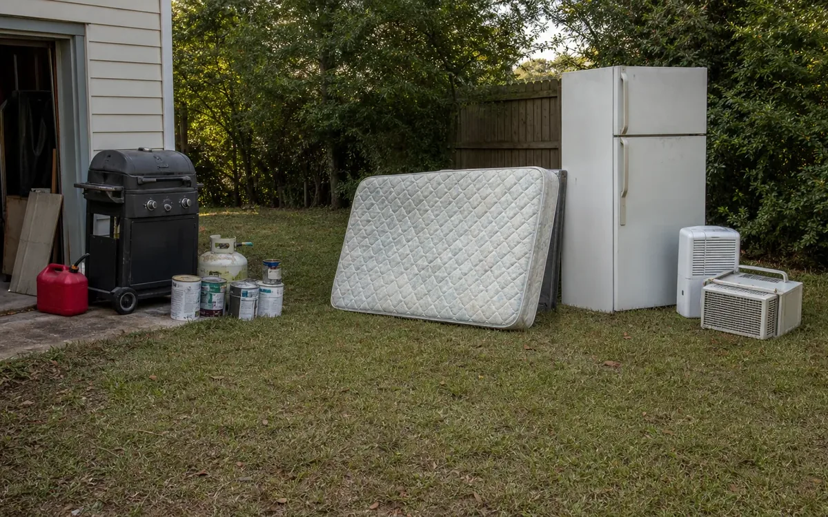 Mattress, refrigerator, air conditioners, grill, fuel can, and paint cans set outside a garage.