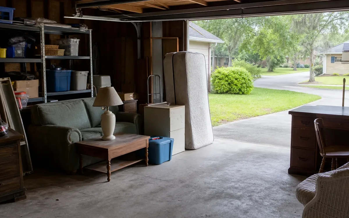 Furniture, a mattress, boxes, and storage bins gathered in an open garage beside a driveway.