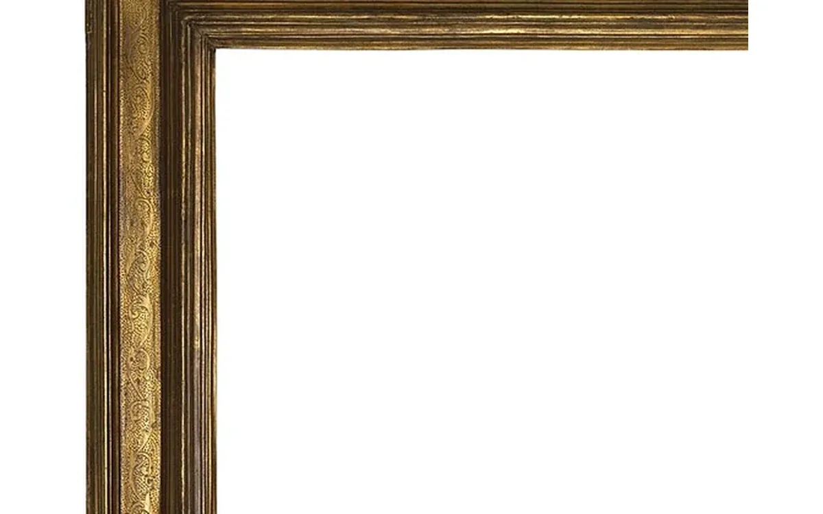 A close view shows the upper corner and decorative edges of a gold-colored picture frame around an empty light opening