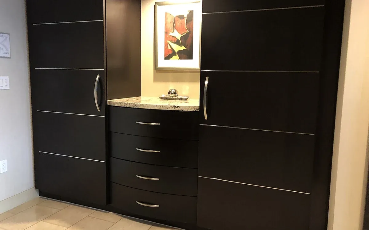 A dark fitted wardrobe has broad closed doors and drawers surrounding a small illuminated display recess