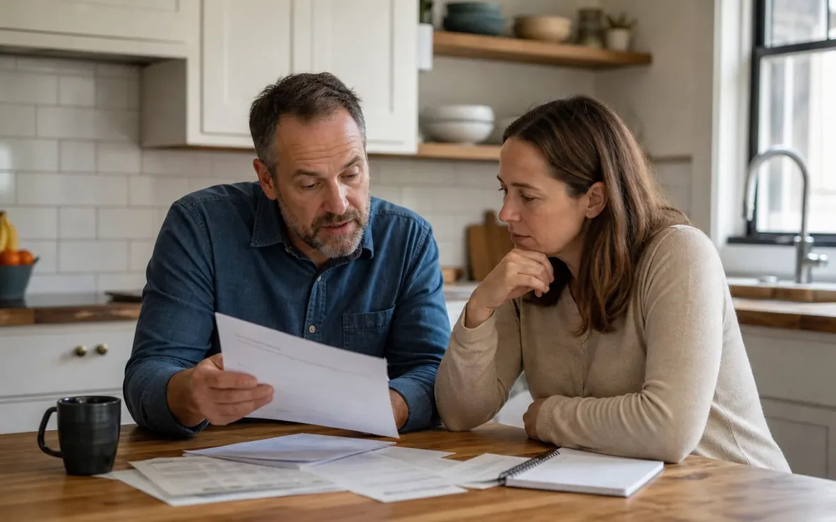 A man and woman review paperwork at a wooden kitchen table with loose documents, a notebook, and a black mug.