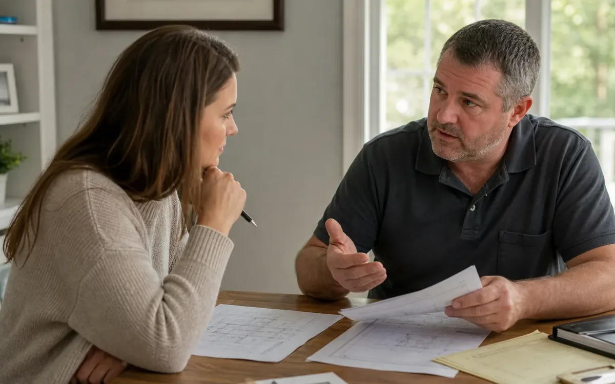 A man and woman discuss paperwork and building plans spread across a wooden table, with folders and a binder nearby.