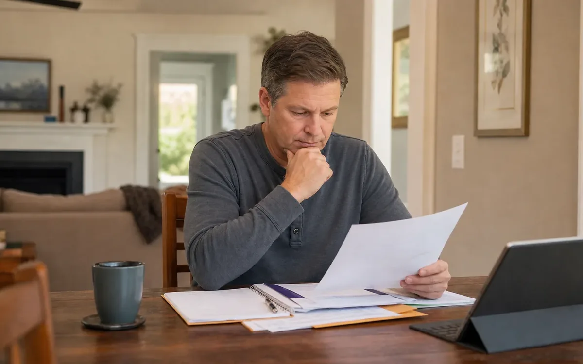 A man rests his fist under his chin while reading a paper at a wooden table with documents, a mug and a tablet.