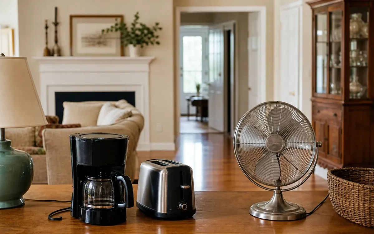 A lamp, coffee maker, stainless steel toaster, metal tabletop fan, and wicker basket sit on a wooden table in a living room.