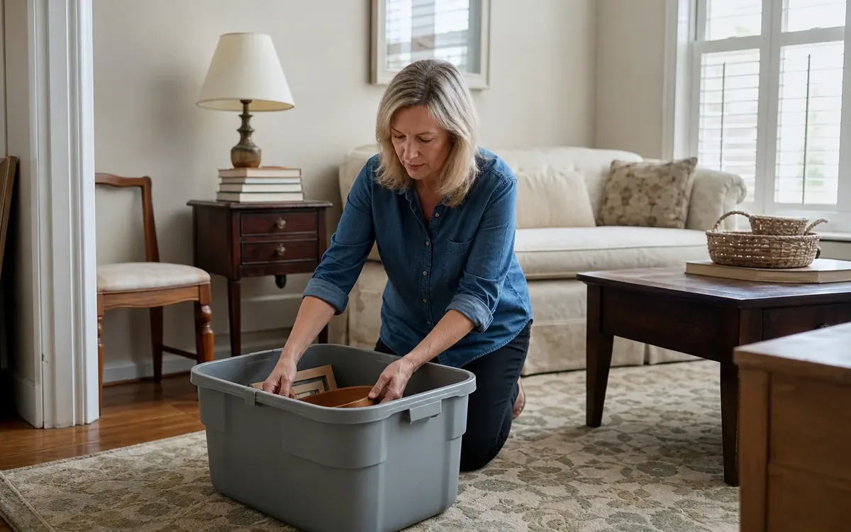 A woman kneels on a living room rug, placing a wooden bowl and framed items in a large gray storage bin.