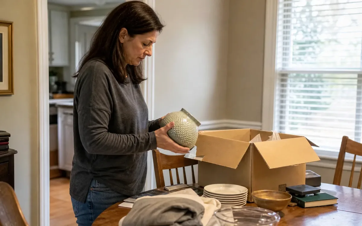 A woman examines a textured vase beside an open cardboard box, stacked plates, books, and folded linens on a dining table.