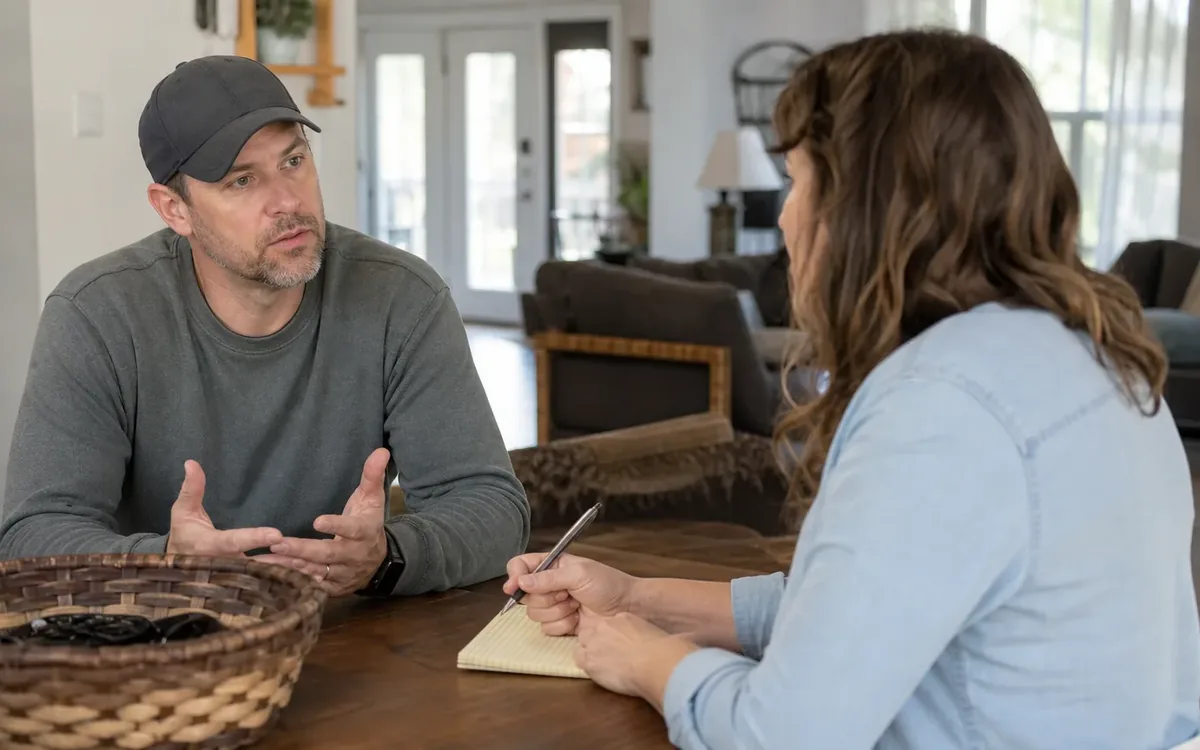 A man gestures across a wooden table while a woman holds a pen over a yellow notepad in a home.
