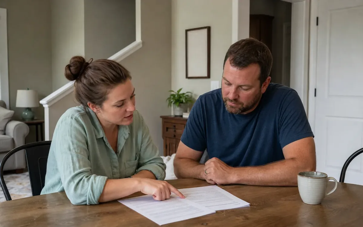 A woman points to paperwork on a wooden table while a man beside her studies it, with a mug nearby.