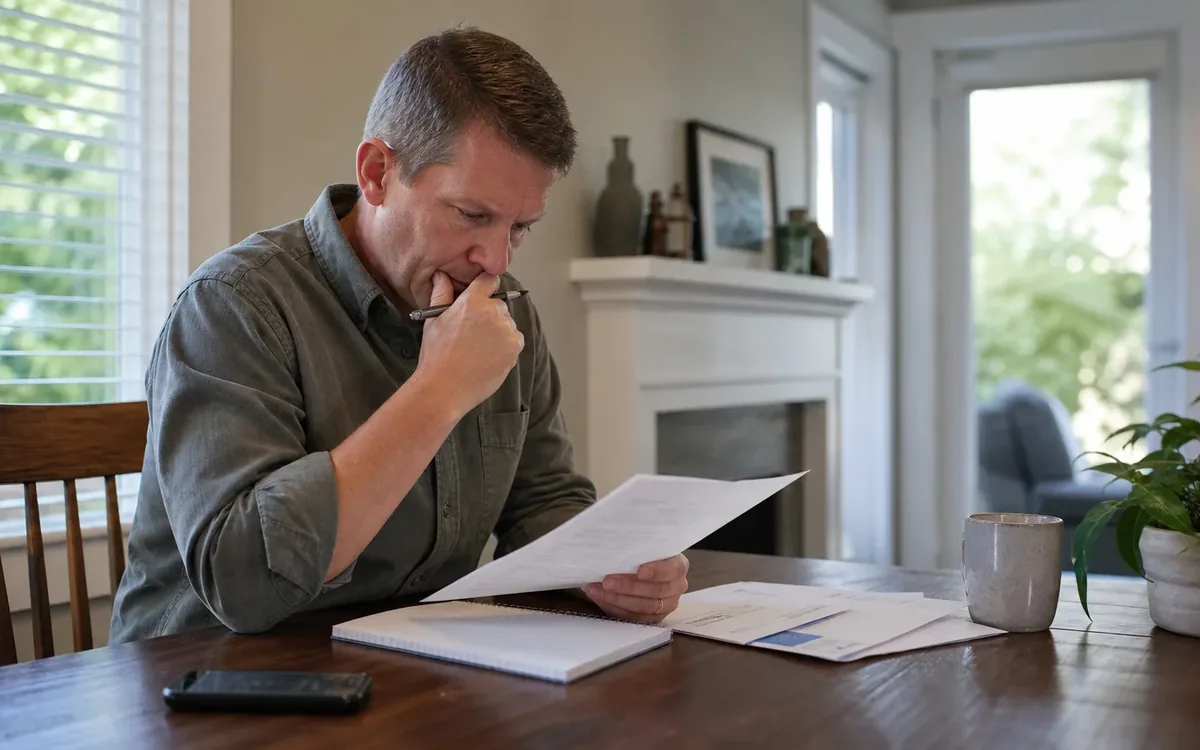 A man studies a sheet of paper with a pen near his chin at a wooden table with documents, a notebook, a phone, and a mug.