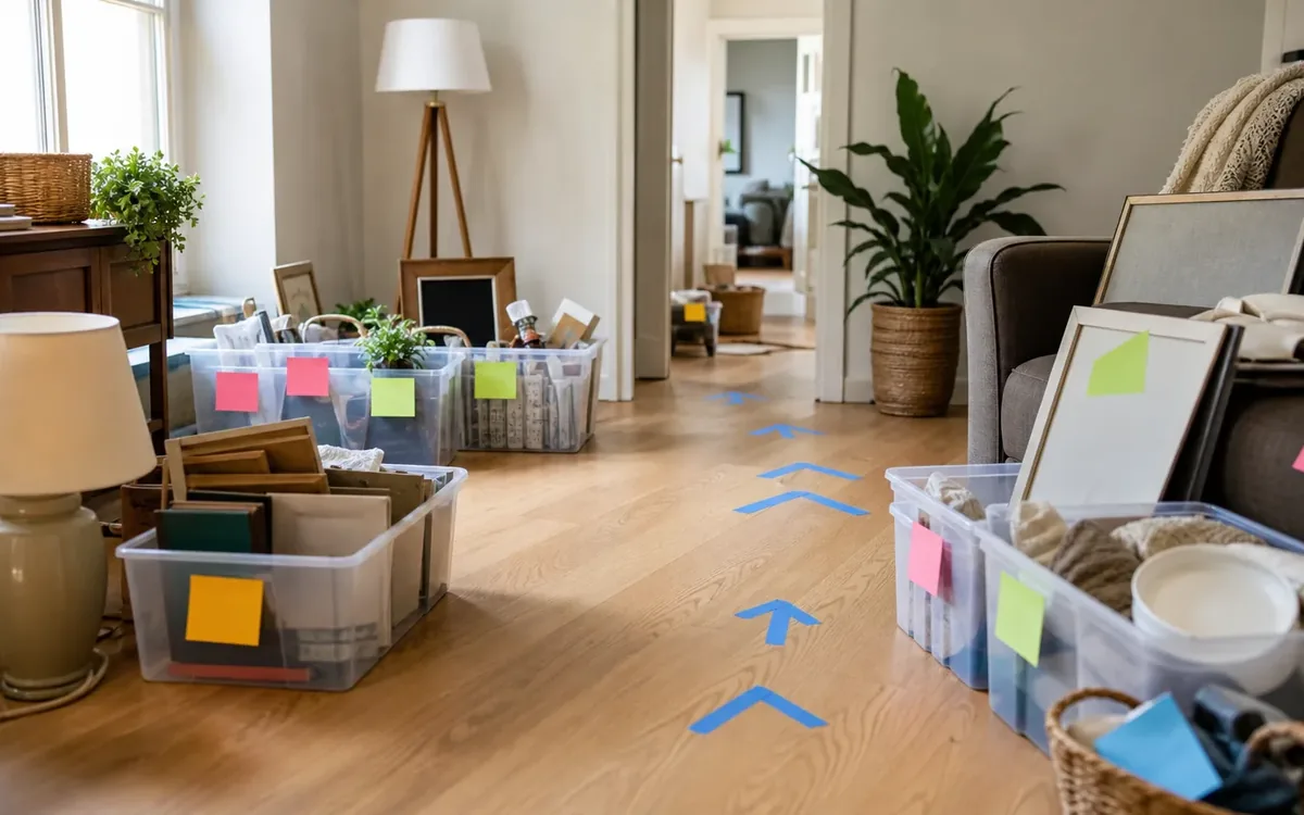 Labeled household belongings and a clear room path for where does cleanup end when materials are attached?
