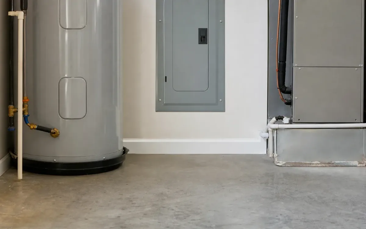 Unobstructed utility area with a water heater, electrical panel, and HVAC unit accessible for inspection.