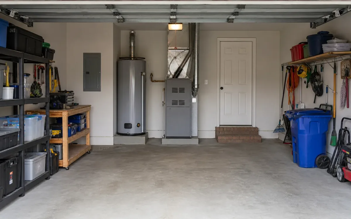 Organized garage with a clear floor path to the electrical panel, water heater, and HVAC unit along the back wall.