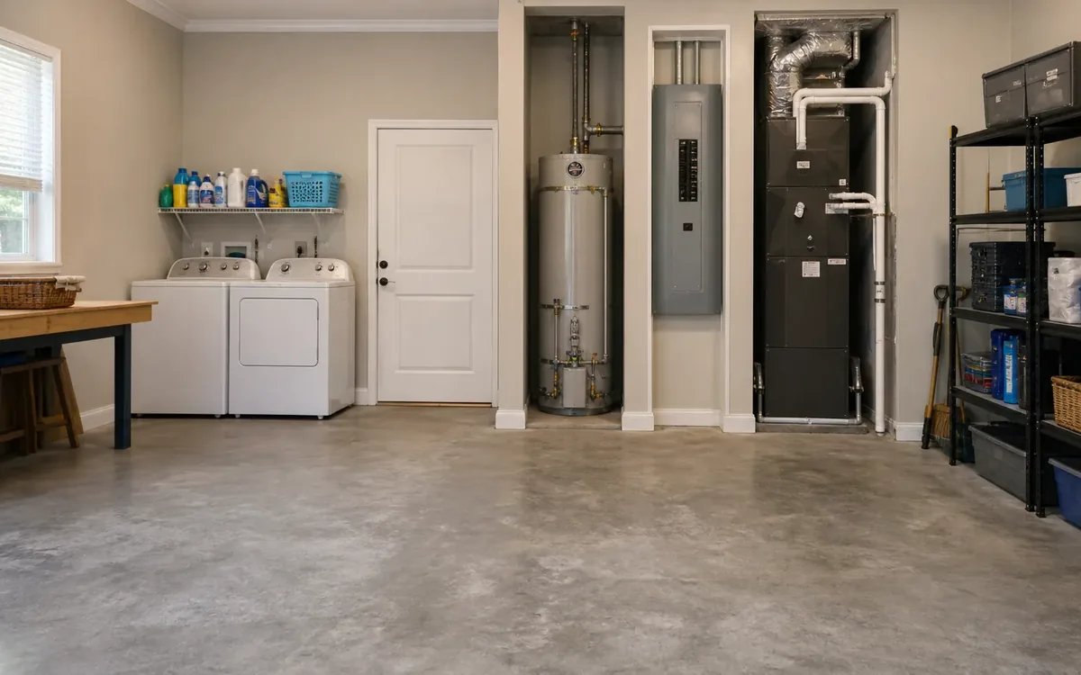 Clear utility room floor provides open access to the water heater, electrical panel, and HVAC unit.