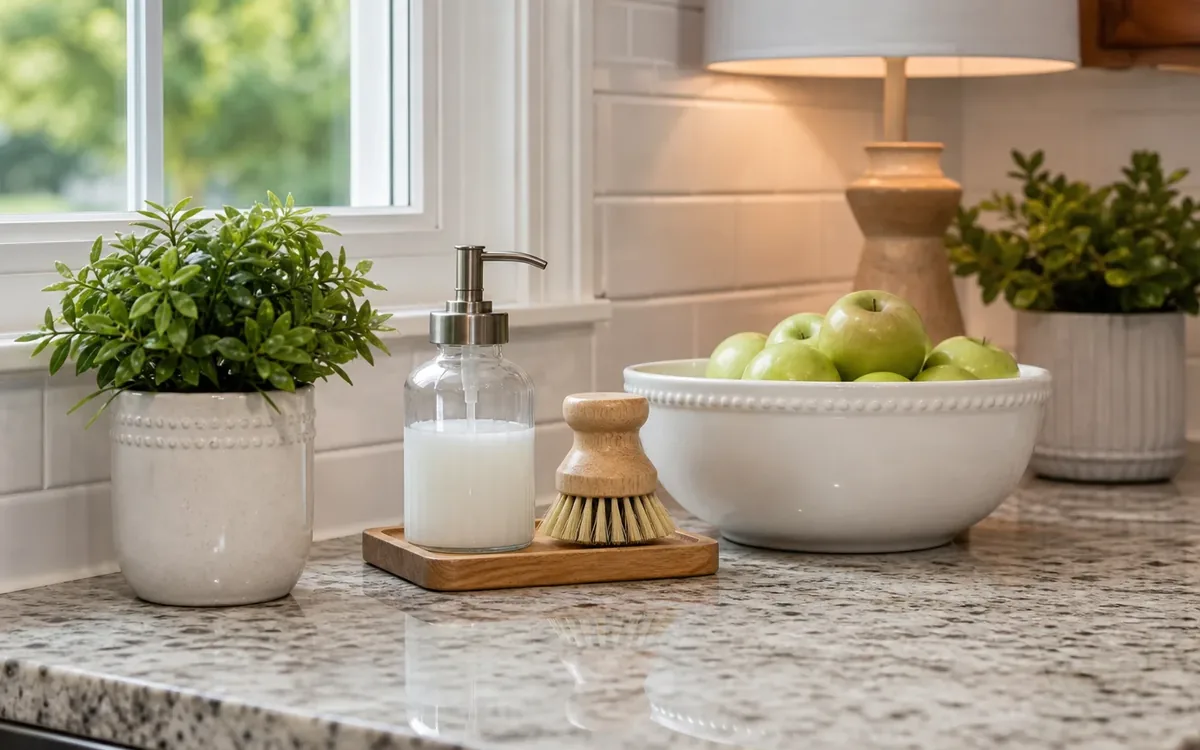 Tidy granite kitchen counter with potted plants, a soap dispenser, scrub brush, lamp, and a bowl of green apples.
