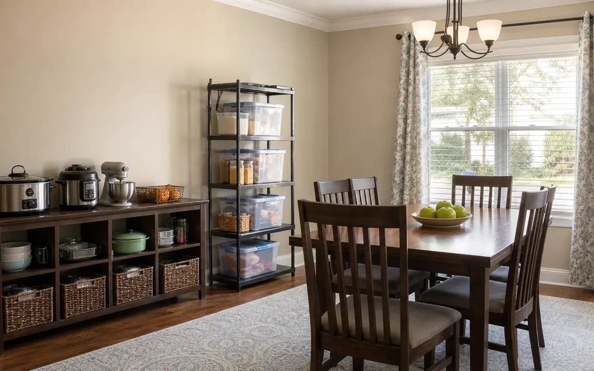Organized dining area with small appliances, baskets, dishes, and clear storage bins kept off kitchen counters.