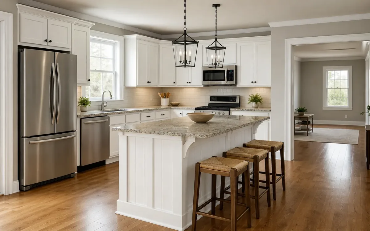 Bright white kitchen with clear counters, closed cabinets, a granite island, three stools, and stainless steel appliances.