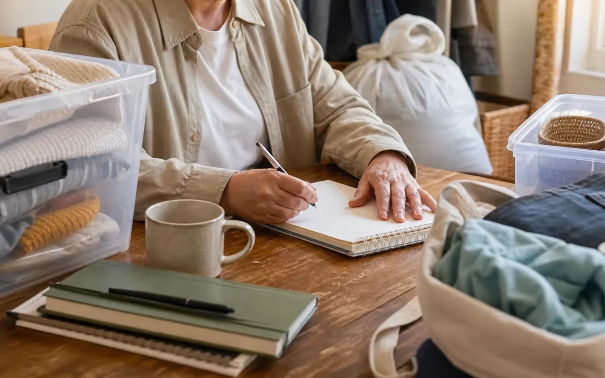 Hands organizing household items while planning build a condition-by-condition work plan