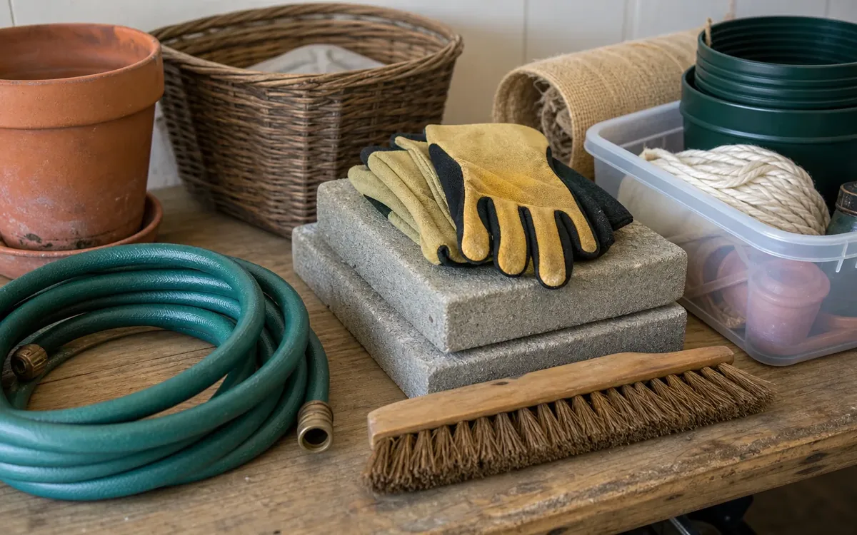 A coiled green hose, work gloves on stacked paving blocks, a brush, pots, a wicker basket, and a storage bin sit on a wooden bench.