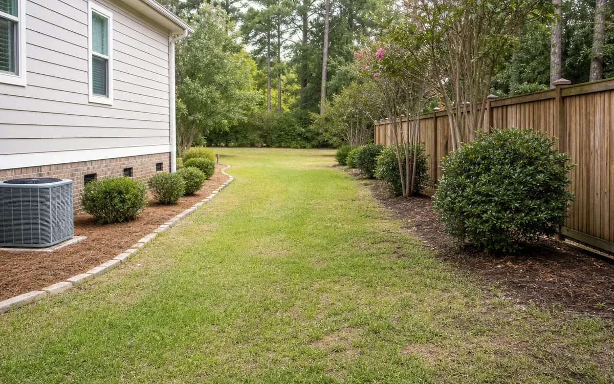 Clear grassy side yard between a house and wooden fence, with an outdoor AC unit, shrubs, and open access toward the backyard.