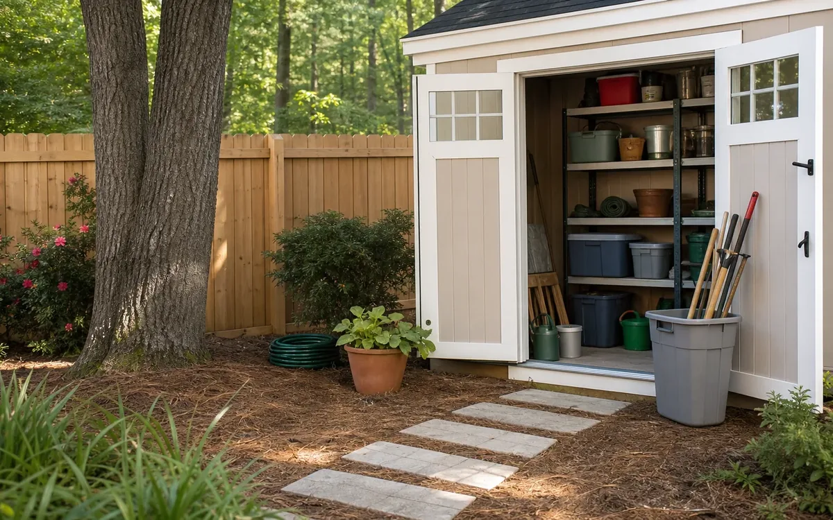 Open backyard shed with shelves of bins and pots, garden tools in a gray container, and stepping stones leading to the doors.