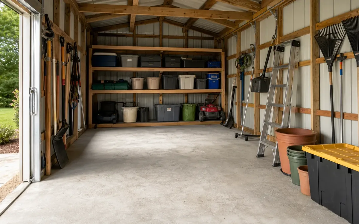 Tidy shed with storage bins on wooden shelves, tools hung on walls, a ladder, stacked pots, and a clear concrete floor.