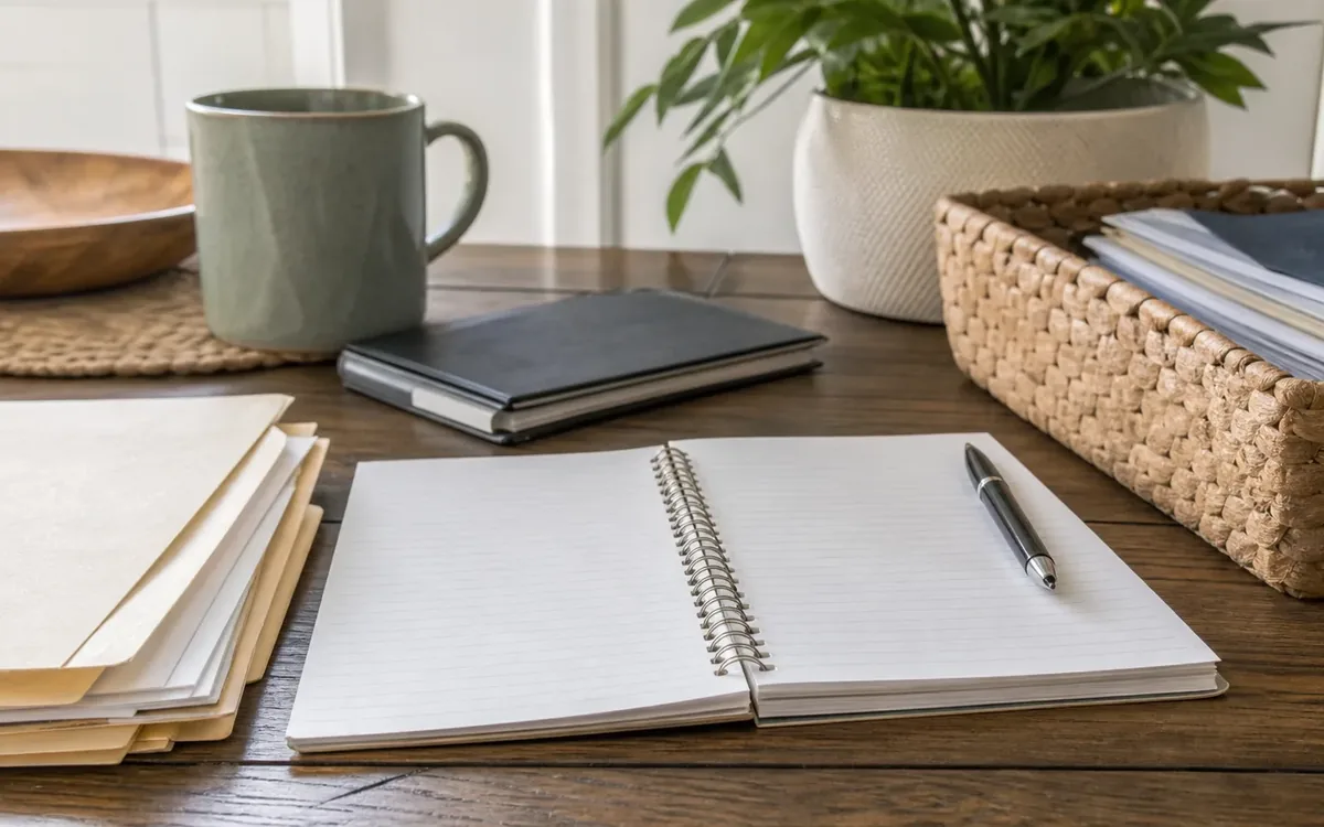 An open blank spiral notebook and pen sit on a wooden desk beside stacked folders, a mug, a closed notebook, and a woven basket.