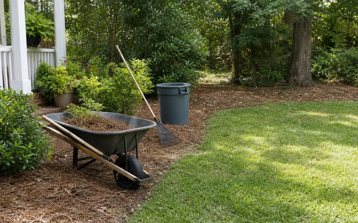 A wheelbarrow holding yard debris, a rake, and a gray bin sit beside a porch and lawn bordered by trees and shrubs.