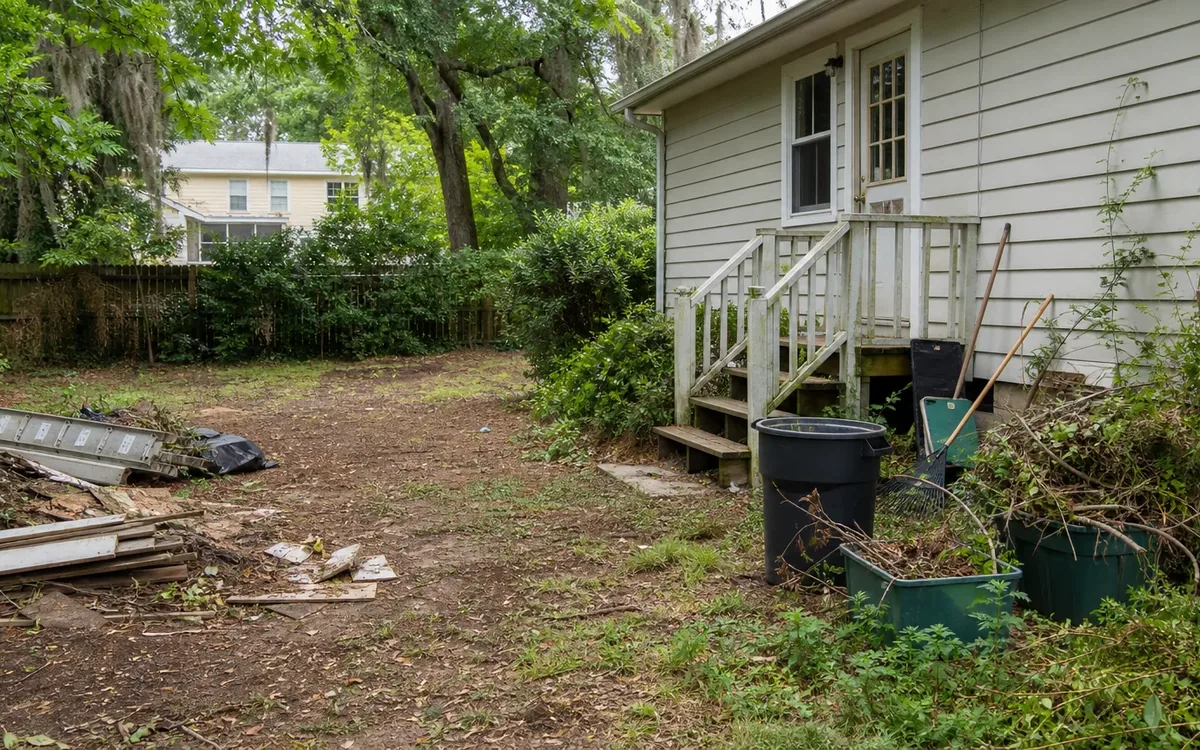 Debris, a fallen ladder, bins, and overgrown plants surround the wooden steps of a gray house in a yard needing cleanup.
