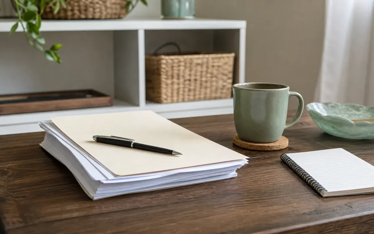 A stack of papers with a black pen, a spiral notepad, and a green mug sit on a wooden table beside a shallow bowl.
