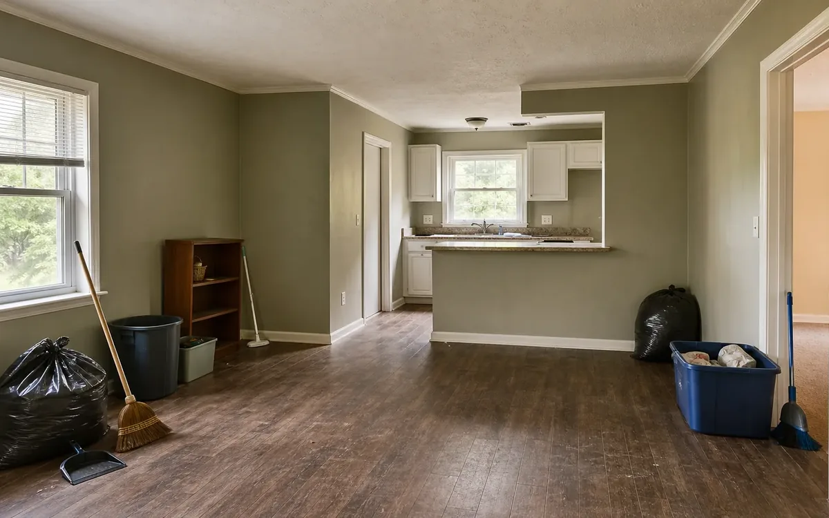 Empty living room with wood flooring, trash bags, brooms, a dustpan, and storage bins beside an open kitchen.