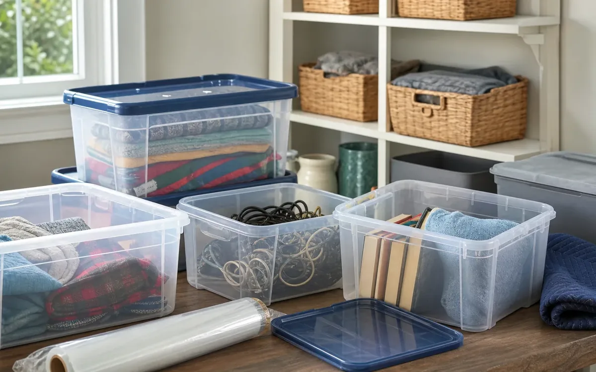 Clear plastic bins hold folded fabrics, cords, and books on a wooden table, with loose lids and a roll of clear wrapping nearby.