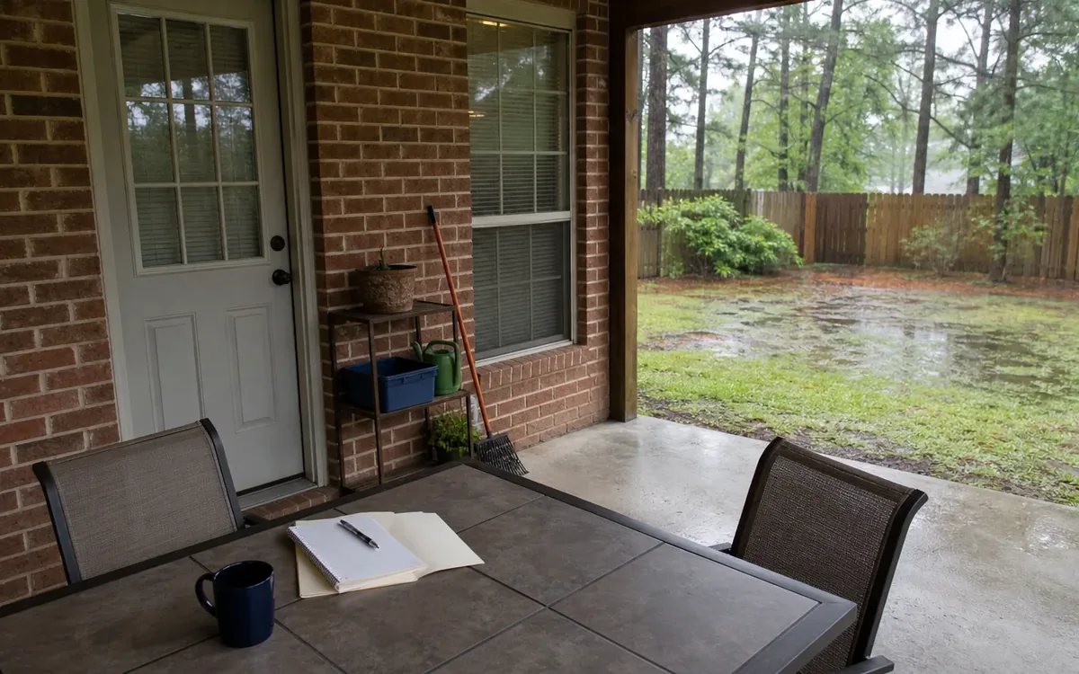 An open notebook and pen sit beside a dark mug on a covered patio table overlooking a wet yard with standing water.