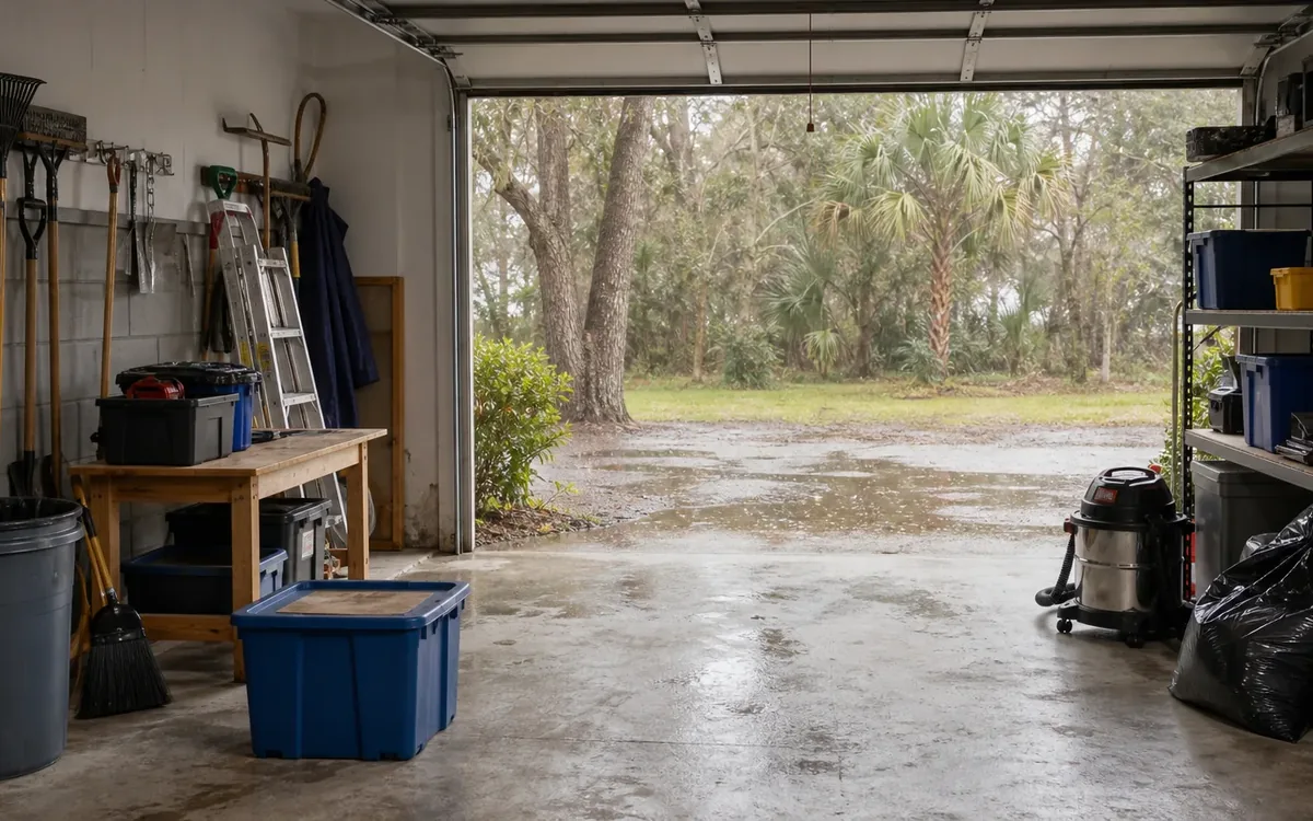 Open garage with cleanup tools, a blue storage bin, trash bags and a shop vacuum beside a wet driveway and puddles.