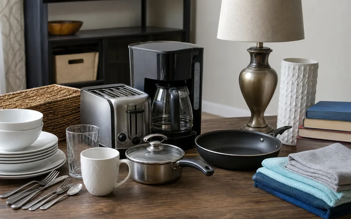 Household inventory arranged on a table, including dishes, appliances, cookware, linens, books, and a lamp.