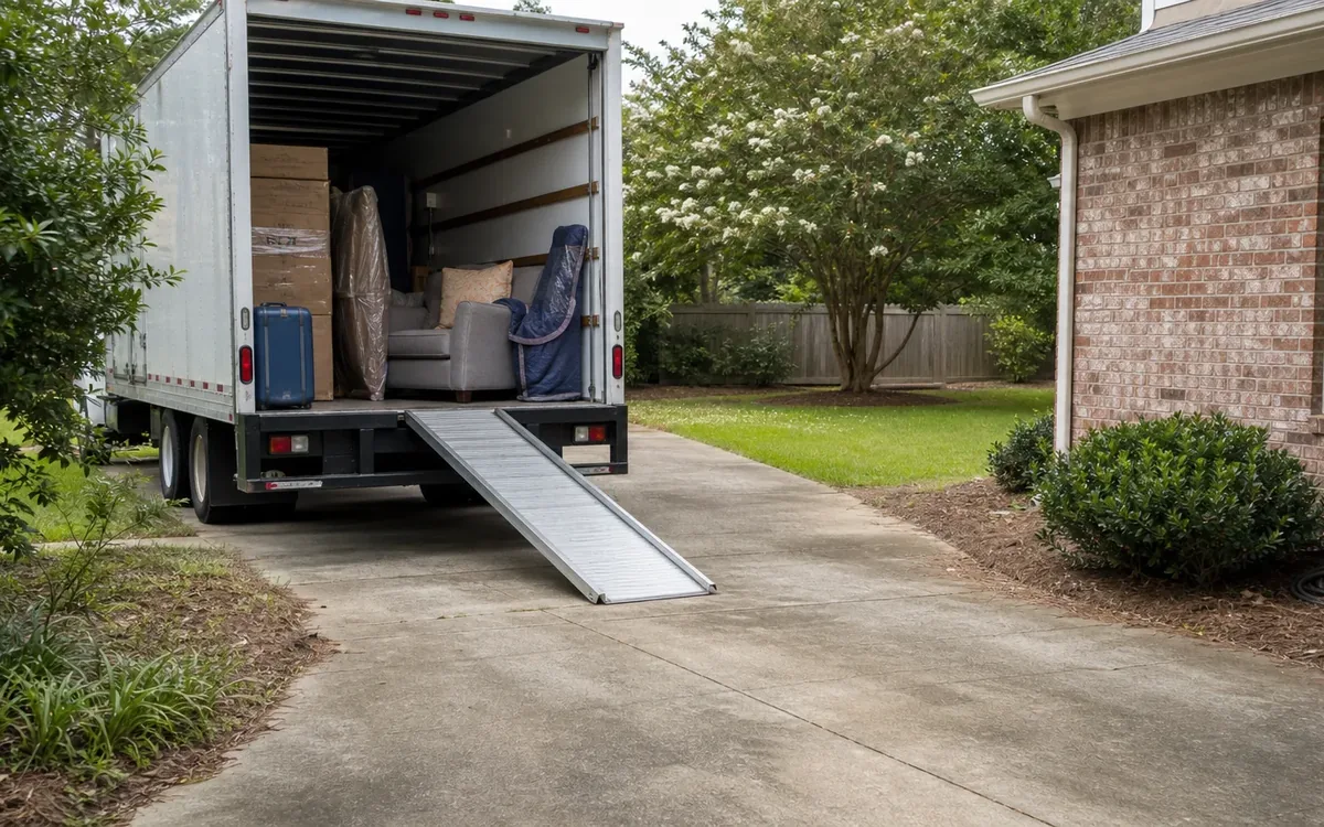 Open moving truck with a loading ramp and wrapped furniture parked on a narrow residential driveway.