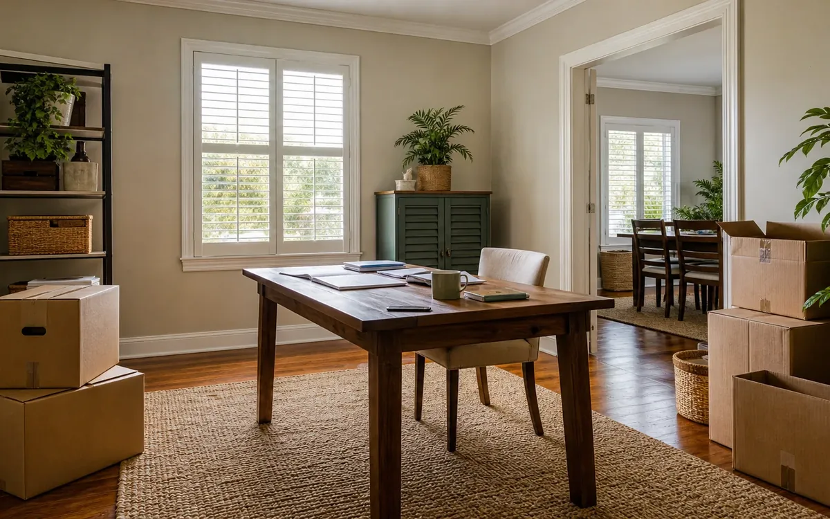 Moving boxes surround a dining table covered with papers and folders in a bright home prepared for relocation.