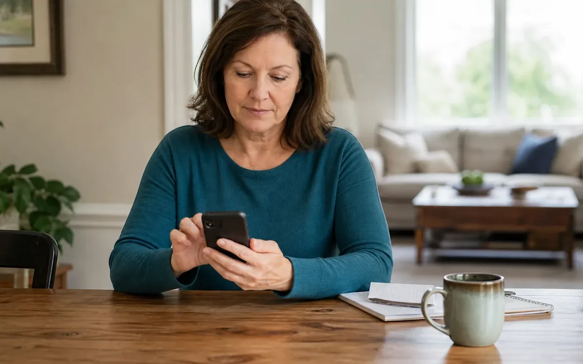 A woman in a teal sweater uses a smartphone at a wooden table beside a mug and an open notebook in a living room.