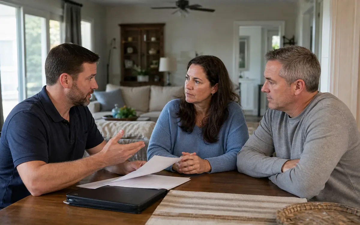Three adults sit at a wooden dining table, discussing papers as the man on the left gestures toward the other two.
