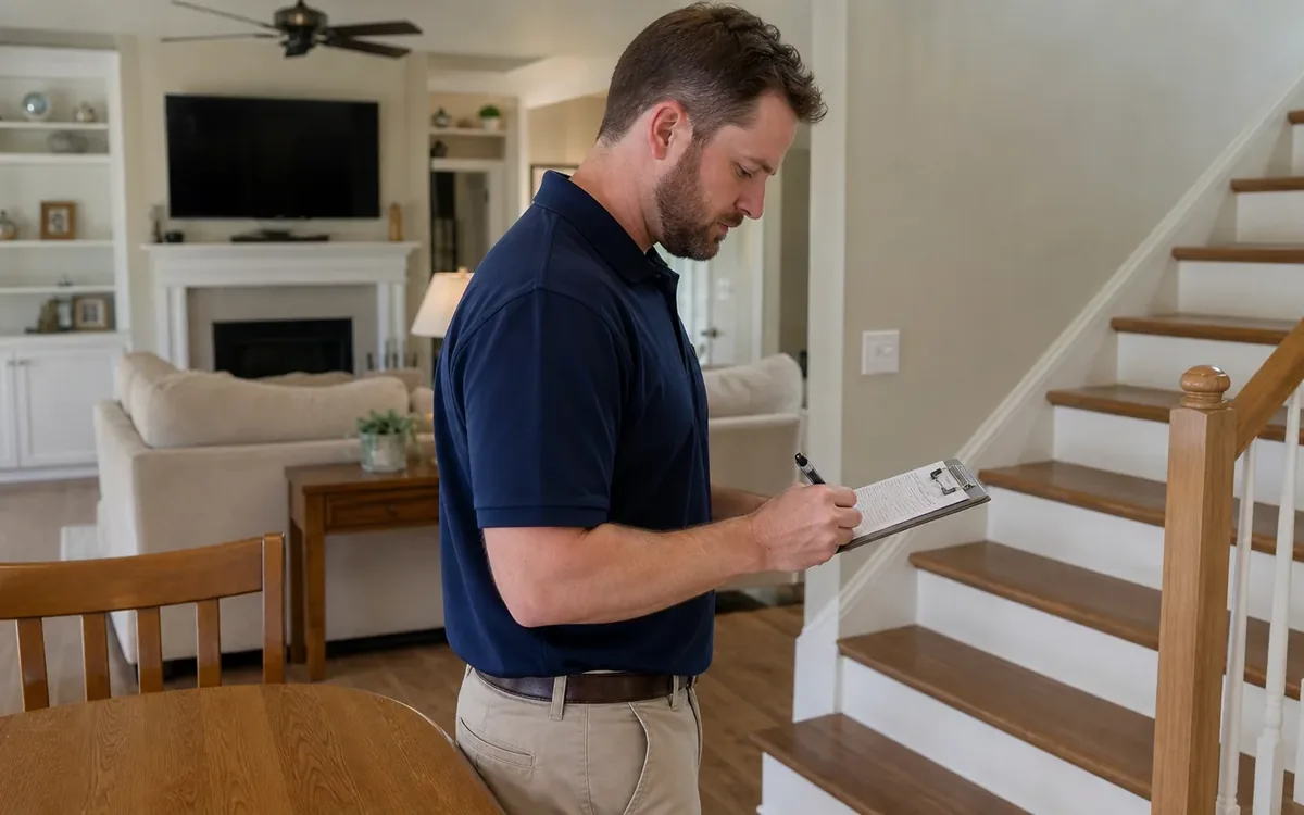 A man in a navy polo writes on a clipboard beside a wooden staircase in a tidy home's living and dining area.